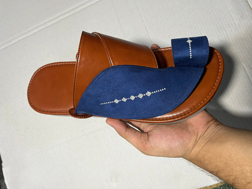 Arabic Khaliji Sandals in  brown and blue Color with iconic Embroidery