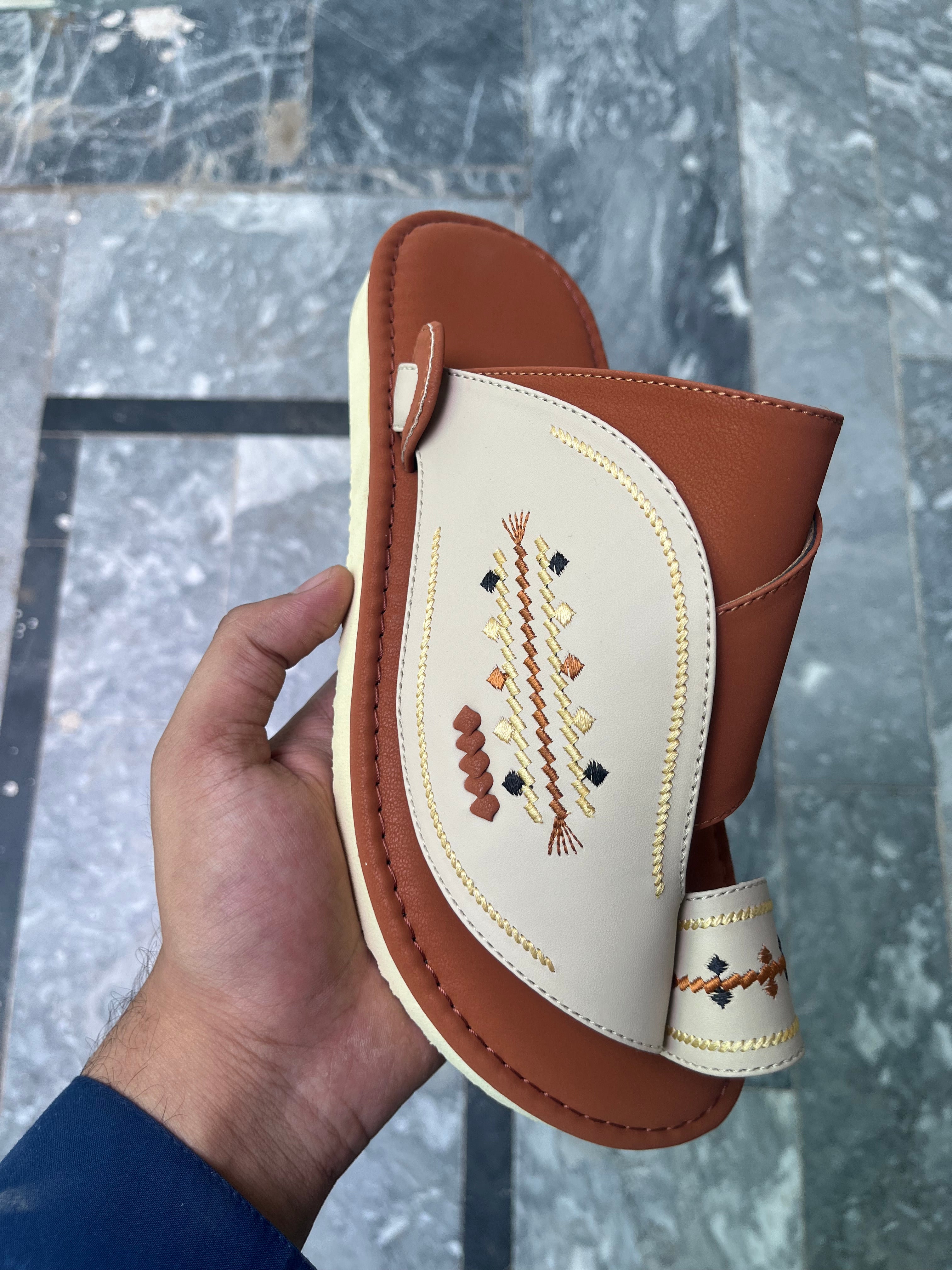Arabic Khaliji Sandals in Mustard and Cream with Iconic Embroidery